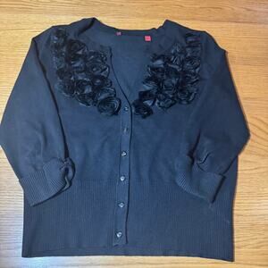Vintage RED sweater Sz L Black 3 D Roses V Neck  Cardigan button up 3/4 sleeve